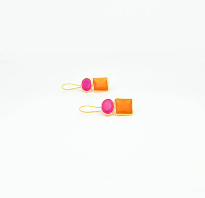 Oval Square Earring Silver 925 - Pink Fuchsia &amp; Carnelian
