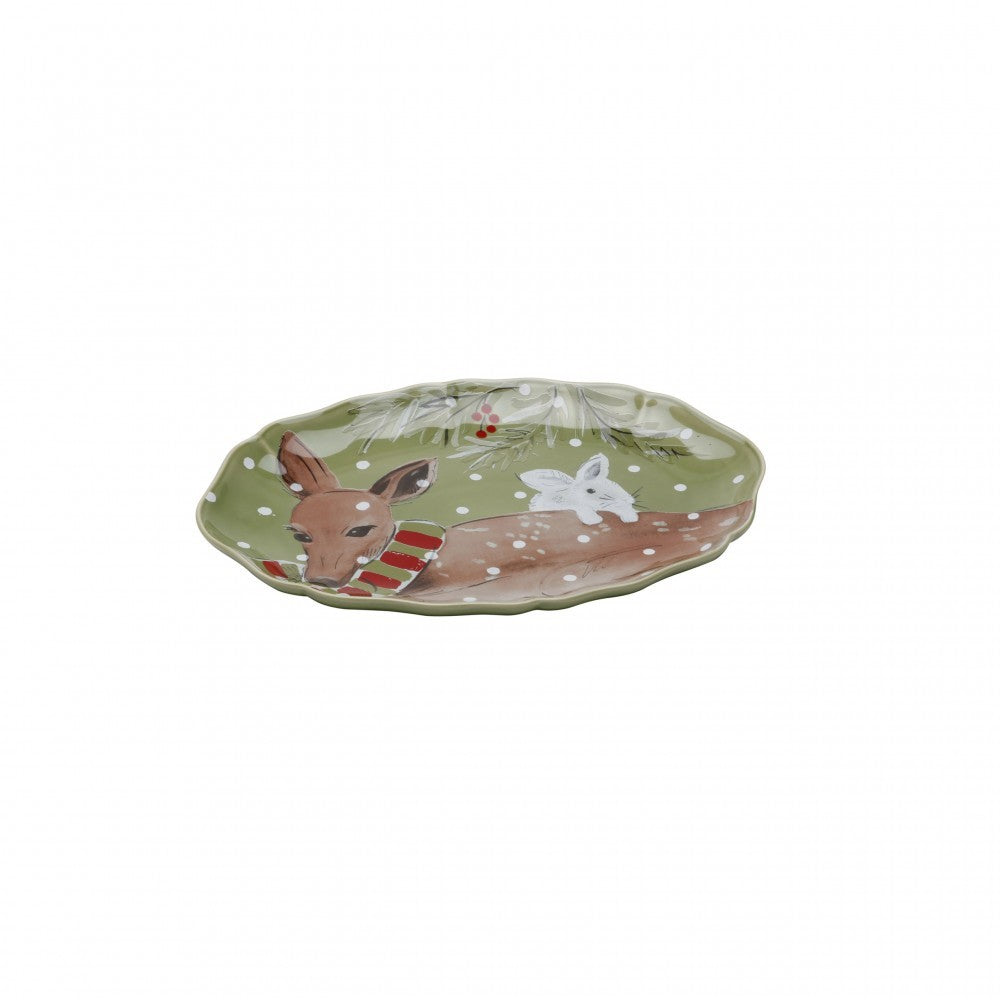 Deer Friends Small Oval Platter Green